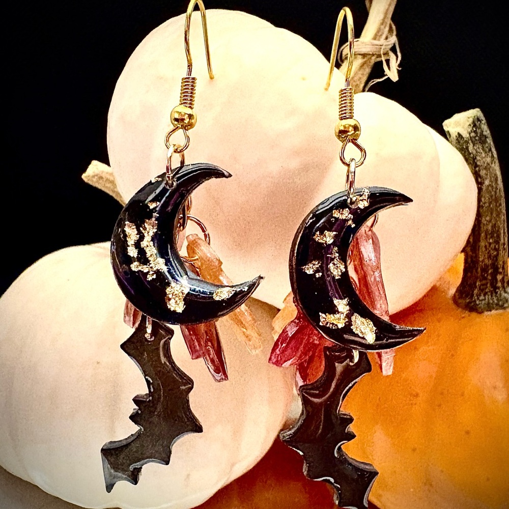 Black and Gold Crescent Moon Earrings